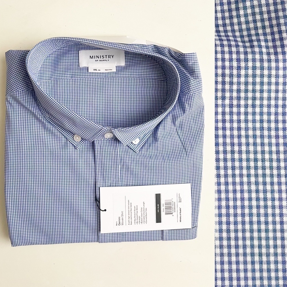 Ministry of Supply Men’s Gemini Woven Dress Shirt Blue Green XXL Slim Fit New